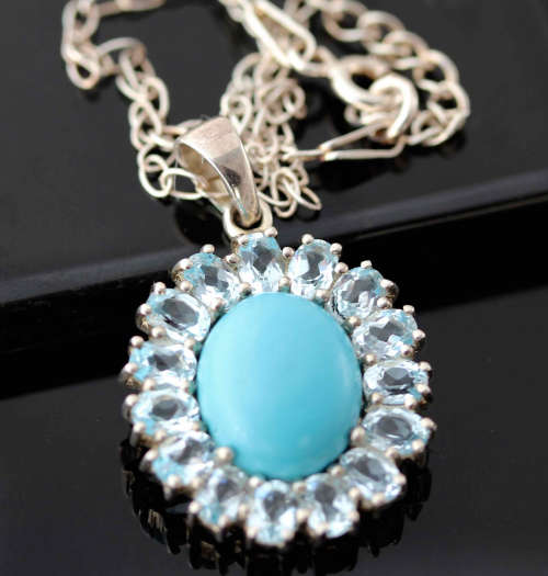 ELEGANT VINTAGE TURQUOISE AND BLUE TOPAZ '925' STERLING SILVER ENGLISH PENDANT. NATURAL GEMSTONES