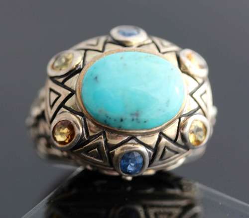 HEAVY VINTAGE TURQUOISE, SAPPHIRE AND CITRINE HAND-CRAFTED STERLING SILVER RING. 925 A HEAVY 10,80g!