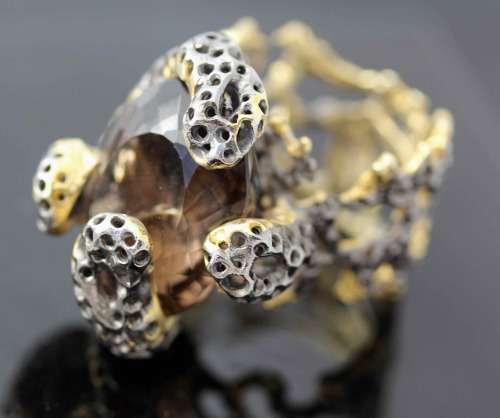 'JEWELLERY ART' LARGE SMOKY QUARTZ AFRICA-THEMED RING STERLING SILVER HAND-CRAFTED. OUTRAGEOUS & FUN