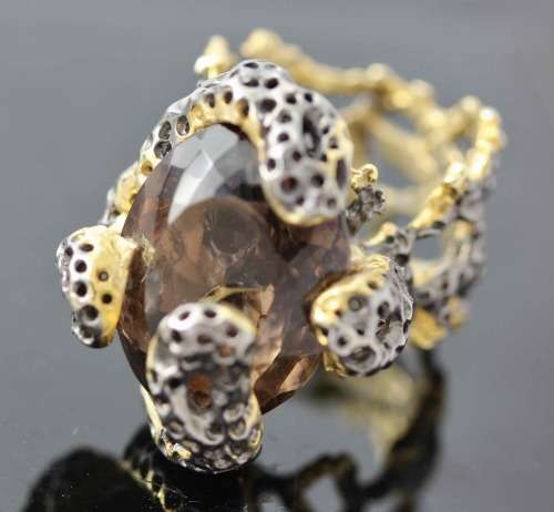 'JEWELLERY ART' LARGE SMOKY QUARTZ AFRICA-THEMED RING STERLING SILVER HAND-CRAFTED. OUTRAGEOUS & FUN