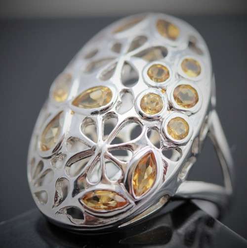 UNUSUAL OPENWORK STERLING SILVER 925 FLORAL DESIGN CITRINE GEMSTONE RING