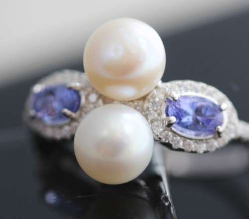 ELEGANT AND UNUSUAL REAL TANZANITE AND NATURAL PEARL STERLING 925 SILVER RING 4,3 grams