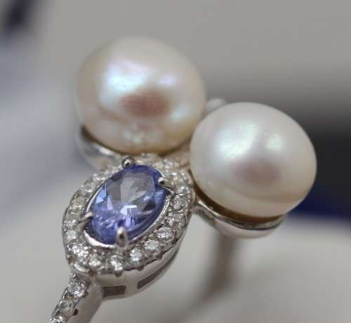 ELEGANT AND UNUSUAL REAL TANZANITE AND NATURAL PEARL STERLING 925 SILVER RING 4,3 grams
