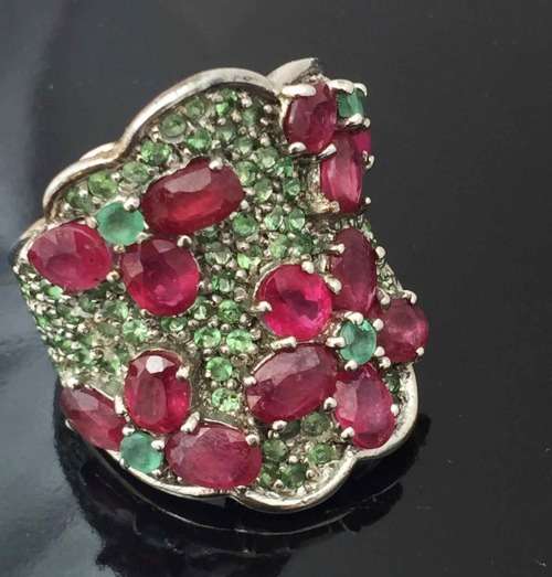 VERY LARGE VIBRANT RUBY, EMERALD, TSAVORITE GARNET STERLING SILVER RING FLORAL DESIGN LARGE! HEAVY!