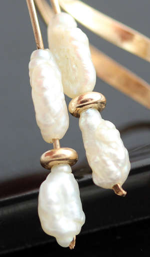 FRESHWATER PEARL 9CT YELLOW GOLD SPIRAL RIBBON CHANDELIER EARRINGS. VINTAGE HANDCRAFTED FROM LONDON