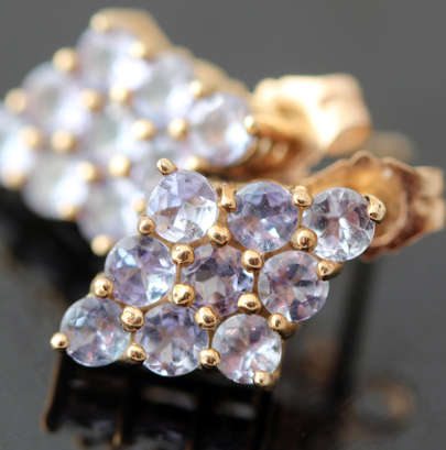 VINTAGE FROM LONDON  LILAC TANZANITE GEMSTONE EARRINGS IN 10ct YELLOW GOLD