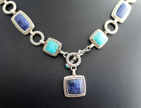 NATURAL GEMSTONES TURQUOISE & SODALITE STERLING SILVER NECKLACE LARGE PIECE 37,56 g GEM CERTIF incl