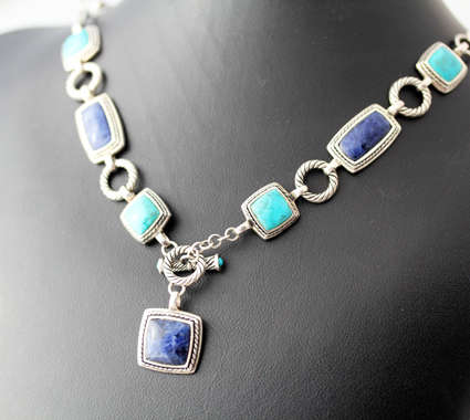 NATURAL GEMSTONES TURQUOISE & SODALITE STERLING SILVER NECKLACE LARGE PIECE 37,56 g GEM CERTIF incl