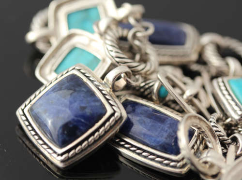 NATURAL GEMSTONES TURQUOISE & SODALITE STERLING SILVER NECKLACE LARGE PIECE 37,56 g GEM CERTIF incl