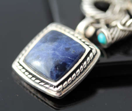 NATURAL GEMSTONES TURQUOISE & SODALITE STERLING SILVER NECKLACE LARGE PIECE 37,56 g GEM CERTIF incl