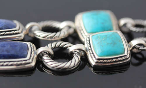 NATURAL GEMSTONES TURQUOISE & SODALITE STERLING SILVER NECKLACE LARGE PIECE 37,56 g GEM CERTIF incl