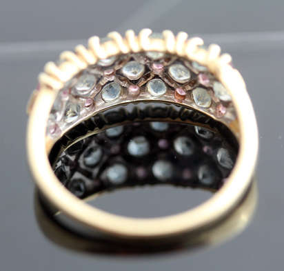 BEAUTIFUL LATTICE DESIGN PINK SAPPHIRE AND AQUAMARINE 9CT YELLOW GOLD RING. 375. BIRMINGHAM ASSAY!