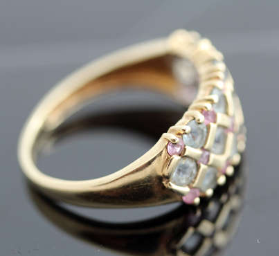 BEAUTIFUL LATTICE DESIGN PINK SAPPHIRE AND AQUAMARINE 9CT YELLOW GOLD RING. 375. BIRMINGHAM ASSAY!