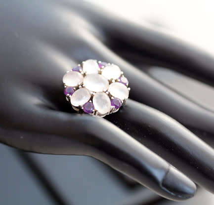 GORGEOUS AMETHYST & ROSE QUARTZ STERLING SILVER 925 CLUSTER RING GEM CERTIFICATE of AUTHENTICITY Inc