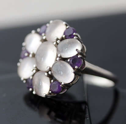 GORGEOUS AMETHYST & ROSE QUARTZ STERLING SILVER 925 CLUSTER RING GEM CERTIFICATE of AUTHENTICITY Inc