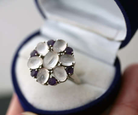 GORGEOUS AMETHYST & ROSE QUARTZ STERLING SILVER 925 CLUSTER RING GEM CERTIFICATE of AUTHENTICITY Inc