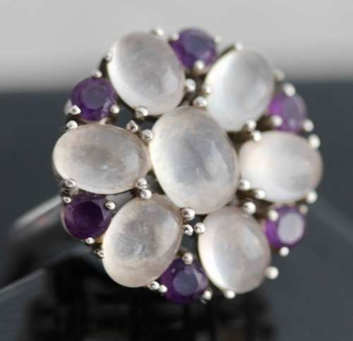 GORGEOUS AMETHYST & ROSE QUARTZ STERLING SILVER 925 CLUSTER RING GEM CERTIFICATE of AUTHENTICITY Inc