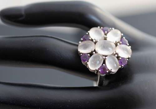 GORGEOUS AMETHYST & ROSE QUARTZ STERLING SILVER 925 CLUSTER RING GEM CERTIFICATE of AUTHENTICITY Inc