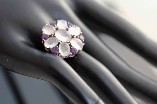 GORGEOUS AMETHYST & ROSE QUARTZ STERLING SILVER 925 CLUSTER RING GEM CERTIFICATE of AUTHENTICITY Inc