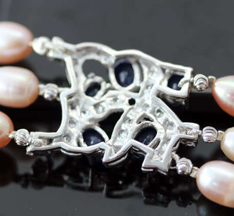 SUMPTUOUS TRIPLE STRAND NATURAL PINK PEARL NECKLACE.  REAL BLUE SAPPHIRE GEMSTONES STERLING SILVER