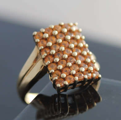 VIVID LARGE CITRINE GEMSTONE 9ct GOLD RING VINTAGE RECTANGULAR CHEQUER BOARD BIRMINGHAM ASSAY