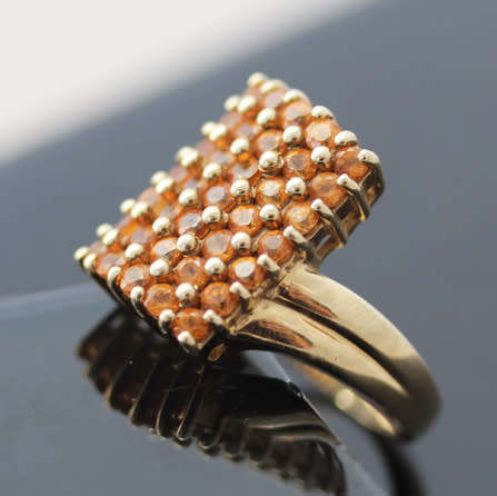 VIVID LARGE CITRINE GEMSTONE 9ct GOLD RING VINTAGE RECTANGULAR CHEQUER BOARD BIRMINGHAM ASSAY