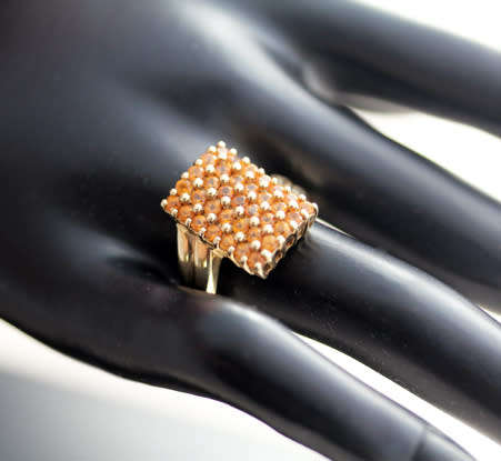 VIVID LARGE CITRINE GEMSTONE 9ct GOLD RING VINTAGE RECTANGULAR CHEQUER BOARD BIRMINGHAM ASSAY