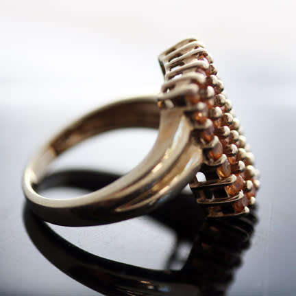 VIVID LARGE CITRINE GEMSTONE 9ct GOLD RING VINTAGE RECTANGULAR CHEQUER BOARD BIRMINGHAM ASSAY