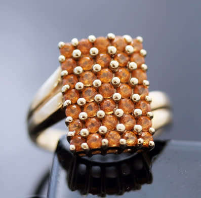 VIVID LARGE CITRINE GEMSTONE 9ct GOLD RING VINTAGE RECTANGULAR CHEQUER BOARD BIRMINGHAM ASSAY