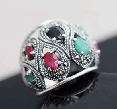 DRAMATIC DOMED REAL RUBY, EMERALD AND SAPPHIRE OPENWORK STERLING SILVER RING. LARGE! 925
