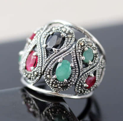 DRAMATIC DOMED REAL RUBY, EMERALD AND SAPPHIRE OPENWORK STERLING SILVER RING. LARGE! 925