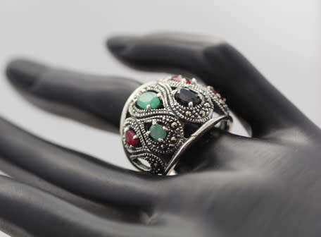 DRAMATIC DOMED REAL RUBY, EMERALD AND SAPPHIRE OPENWORK STERLING SILVER RING. LARGE! 925