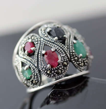 DRAMATIC DOMED REAL RUBY, EMERALD AND SAPPHIRE OPENWORK STERLING SILVER RING. LARGE! 925
