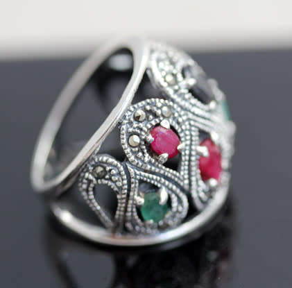 DRAMATIC DOMED REAL RUBY, EMERALD AND SAPPHIRE OPENWORK STERLING SILVER RING. LARGE! 925