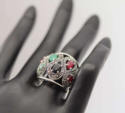 DRAMATIC DOMED REAL RUBY, EMERALD AND SAPPHIRE OPENWORK STERLING SILVER RING. LARGE! 925