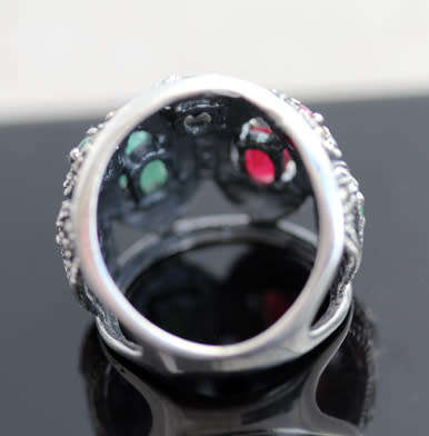 DRAMATIC DOMED REAL RUBY, EMERALD AND SAPPHIRE OPENWORK STERLING SILVER RING. LARGE! 925