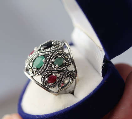 DRAMATIC DOMED REAL RUBY, EMERALD AND SAPPHIRE OPENWORK STERLING SILVER RING. LARGE! 925