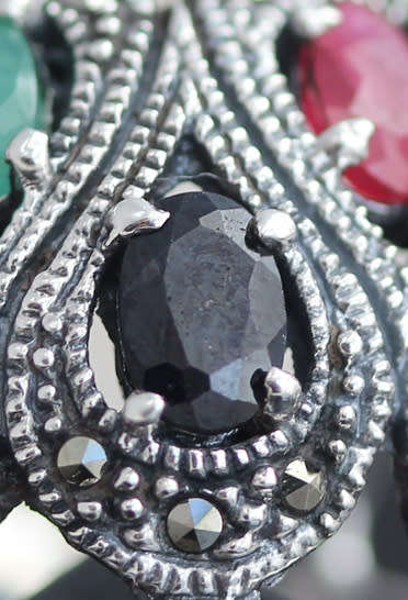 DRAMATIC DOMED REAL RUBY, EMERALD AND SAPPHIRE OPENWORK STERLING SILVER RING. LARGE! 925