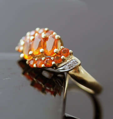 EYE-CATCHING FIRE OPAL 9CT GOLD ENGLISH RING AFRICA MINED DIAMOND ACCENTS DRAMATIC! VIVID COLOURS