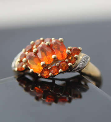 EYE-CATCHING FIRE OPAL 9CT GOLD ENGLISH RING AFRICA MINED DIAMOND ACCENTS DRAMATIC! VIVID COLOURS