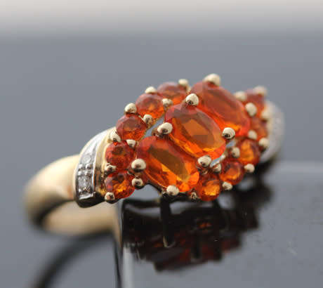 EYE-CATCHING FIRE OPAL 9CT GOLD ENGLISH RING AFRICA MINED DIAMOND ACCENTS DRAMATIC! VIVID COLOURS