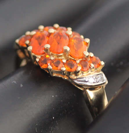 EYE-CATCHING FIRE OPAL 9CT GOLD ENGLISH RING AFRICA MINED DIAMOND ACCENTS DRAMATIC! VIVID COLOURS