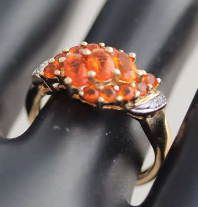 EYE-CATCHING FIRE OPAL 9CT GOLD ENGLISH RING AFRICA MINED DIAMOND ACCENTS DRAMATIC! VIVID COLOURS