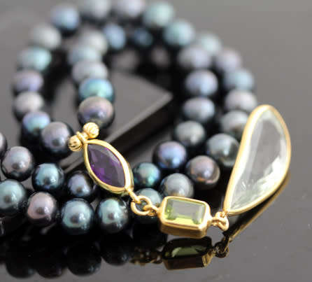 SUMPTUOUS GREENY PURPLE HUED NATURAL PEARL NECKLACE REAL AMETHYSTS & PERIDOT STERLING SILVER