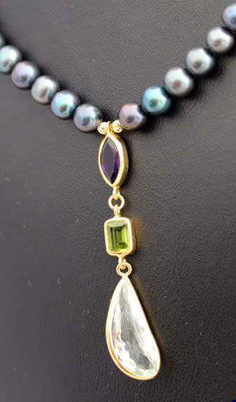 SUMPTUOUS GREENY PURPLE HUED NATURAL PEARL NECKLACE REAL AMETHYSTS & PERIDOT STERLING SILVER
