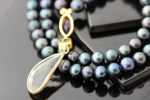 SUMPTUOUS GREENY PURPLE HUED NATURAL PEARL NECKLACE REAL AMETHYSTS & PERIDOT STERLING SILVER