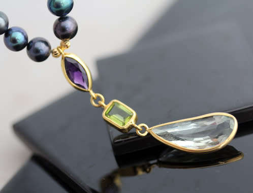 SUMPTUOUS GREENY PURPLE HUED NATURAL PEARL NECKLACE REAL AMETHYSTS & PERIDOT STERLING SILVER