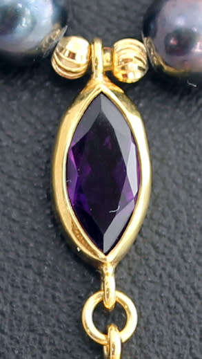 SUMPTUOUS GREENY PURPLE HUED NATURAL PEARL NECKLACE REAL AMETHYSTS & PERIDOT STERLING SILVER