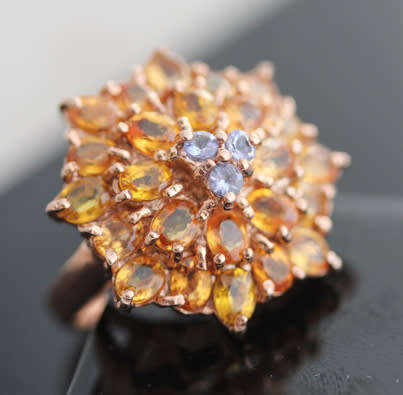 SPECTACULAR BRIGHT GEMSTONE CLUSTER REAL YELLOW SAPPHIRE, CITRINE & TANZANITE STERLING SILVER RING