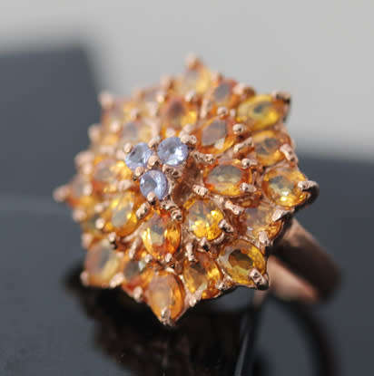 SPECTACULAR BRIGHT GEMSTONE CLUSTER REAL YELLOW SAPPHIRE, CITRINE & TANZANITE STERLING SILVER RING